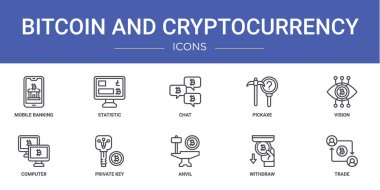 Taşınabilir bankacılık, istatistik, sohbet, kazma, görme, bilgisayar, rapor, sunum, diyagram, web tasarımı gibi 10 ana hatlı web bitcoin ve kripto para birimi simgelerinden oluşan bir set,