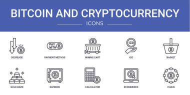 Azalma, ödeme yöntemi, maden arabası, ico, sepet, altın külçeleri, rapor, sunum, diyagram, web tasarımı gibi 10 ana hatlı web bitcoin ve kripto para birimi simgesi seti,