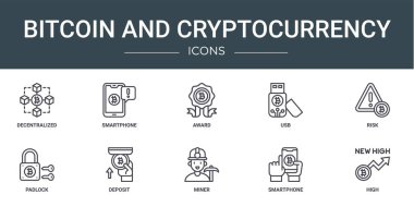 Merkezi olmayan, akıllı telefon, ödül, usb, risk, asma kilit, rapor, sunum, diyagram, web tasarımı, mobil uygulama gibi 10 ana hatlı web bitcoin ve kripto para birimi simgesi seti
