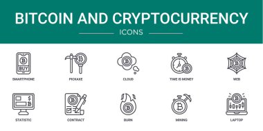 Akıllı telefon, kazma, bulut, zaman para, web, istatistik, rapor, sunum, diyagram, web tasarımı, mobil tasarım gibi 10 ana hatlı web bitcoin ve kripto para birimi simgelerinden oluşan bir set