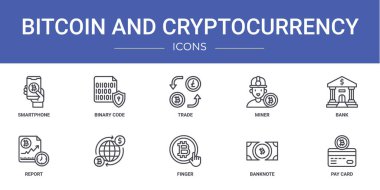 Akıllı telefon, ikili kod, ticaret, madenci, banka, rapor, rapor için vektör simgeleri, sunum, diyagram, web tasarımı, mobil uygulama gibi 10 ana hatlı bitcoin ve kripto para birimi simgelerinden oluşan bir set