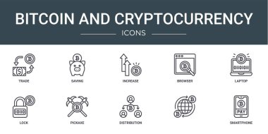 Rapor, sunum, diyagram, web tasarımı, mobil uygulama, mobil uygulama gibi 10 ana hatlı web bitcoin ve kripto para birimi simgesi kümesi