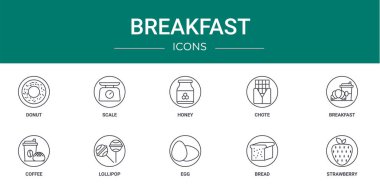 Rapor, sunum, diyagram, web tasarımı, mobil uygulama gibi 10 ana hatlı kahvaltı simgesi seti: donut, skaler, bal, chote, kahvaltı, kahve, lolipop vektör simgeleri