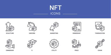 set of 10 outline web nft icons such as sculpture, unicorn, marketing, ownership, tokenization, ownership, d vector icons for report, presentation, diagram, web design, mobile app clipart