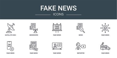 Uydu anten, gazete, sahte haber, haber, rapor, sunum, diyagram, web tasarımı, mobil uygulama gibi 10 ana hatlı sahte haber simgesi seti