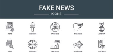 Haber, sahte haber, sahte anten, rapor için vektör simgeleri, sunum, diyagram, web tasarımı, mobil uygulama gibi 10 ana hatlı sahte haber simgesi seti