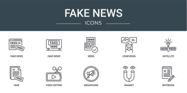 Rapor, sunum, diyagram, web tasarımı, mobil uygulama gibi 10 ana hatlı sahte haber simgesi seti, sahte haber, sahte haber, karışıklık, uydu, video düzenleme vektör simgeleri