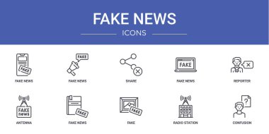 Sahte haber, sahte haber, paylaşım, muhabir, anten, rapor için vektör simgeleri, sunum, diyagram, web tasarımı, mobil uygulama gibi 10 ana hatlı sahte haber simgesi seti