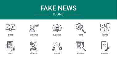 Rapor, sunum, diyagram, web tasarımı, mobil uygulama gibi 10 ana hatlı sahte haber simgesi seti