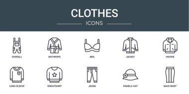 Rapor için genel, banyo, sutyen, ceket, kapüşonlu, uzun kollu, sweatshirt vektör simgeleri, sunum, diyagram, web tasarımı, mobil uygulama gibi 10 ana hatlı giysi simgesi seti