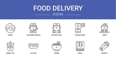 Donut, müşteri hizmetleri, teslimatçı, çevrimiçi sipariş, ev, köpük çay, rapor için hot dog vektör simgeleri, sunum, diyagram, web tasarımı, mobil tasarım gibi 10 ana hatlı yemek ikonu seti