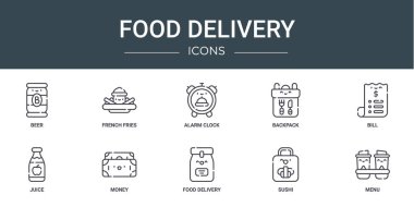 Bira, patates kızartması, alarm saati, sırt çantası, fatura, meyve suyu, para vektör simgeleri, sunum, diyagram, web tasarımı, mobil uygulama gibi 10 ana hatlı yemek ikonu seti