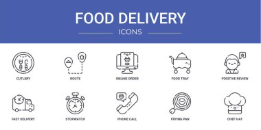 Çatal bıçak, rota, çevrimiçi sipariş, yemek tepsisi, olumlu değerlendirme, hızlı dağıtım, kronometre vektör simgeleri gibi 10 ana hatlı web servis ikonu sunumu, diyagram, web tasarımı gibi,
