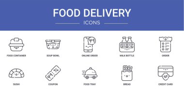 Yemek kabı, çorba kasesi, çevrimiçi sipariş, süt şişesi, sipariş, suşi, rapor için kupon vektör simgeleri, sunum, diyagram, web tasarımı, mobil uygulama gibi 10 ana hatlı yemek ikonu seti
