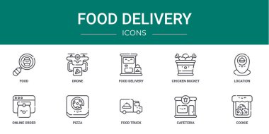 Gıda, İHA, gıda teslimatı, tavuk kovası, konum, çevrimiçi sipariş, rapor için pizza vektör simgeleri, sunum, diyagram, mobil uygulama gibi 10 ana hatlı yemek ikonu