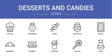 Topkek, çilek, şeker, paskalya yumurtası, bisküvi, kruvasan, rapor, sunum, diyagram, web tasarımı, mobil uygulama gibi 10 ana hatlı tatlı ve şeker ikonu seti