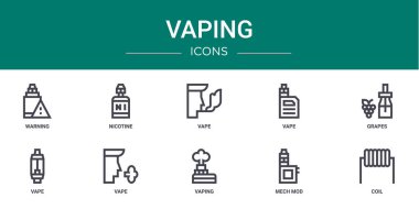 Uyarı, nikotin, vape, vape, üzüm, vape, rapor için vektör simgeleri, sunum, diyagram, web tasarımı, mobil uygulama gibi 10 ana hatlı ağ buharlaştırma simgesi seti
