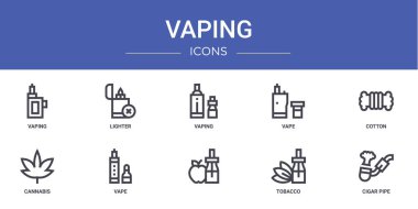 Rapor, sunum, diyagram, web tasarımı, mobil uygulama gibi 10 ana hatlı ağ buharlaştırma ikonu seti (Vaping, Light, Vape, Pamuk, Esrar, Vape vektör simgeleri)
