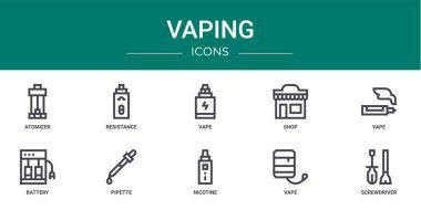 Rapor, sunum, diyagram, web tasarımı, mobil uygulama gibi 10 ana hatlı ağ buharlaştırma ikonu seti (atomizer, direniş, vape, shop, vape, pil, pipette vektör simgeleri)