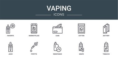 Rapor, sunum, diyagram, web tasarımı, mobil uygulama gibi 10 ana hatlı ağ buharlaştırma ikonu seti: gözde, pazar, vaka, pamuk, pil, meyve suyu, pipet vektör simgeleri