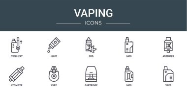 Aşırı ısınma, meyve suyu, cbd, mod, atomizer, atomizer, vape vektör simgeleri, rapor, sunum, diyagram, web tasarımı, mobil uygulama gibi 10 ana hatlı ağ buharlama simgesi kümesi