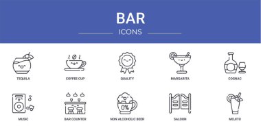 Tekila, kahve fincanı, kalite, margarita, konyak, müzik, rapor için barmen vektör simgeleri, sunum, diyagram, web tasarımı, mobil uygulama gibi 10 ana hatlı web bar simgesi seti