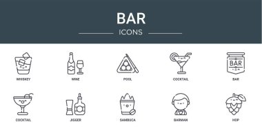Rapor, sunum, diyagram, web tasarımı, mobil uygulama gibi viski, şarap, havuz, kokteyl, bar, kokteyl, jigger vektör simgeleri gibi 10 ana hatlı web bar simgesi kümesi