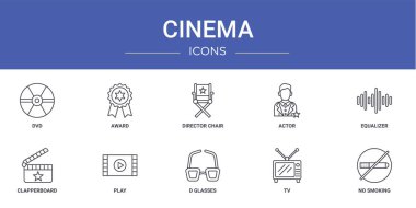 Dvd, ödül, yönetmen koltuğu, aktör, eşitleyici, klaket, rapor için vektör simgeleri, sunum, diyagram, web tasarımı, mobil uygulama gibi 10 ana hatlı web sinema ikonu seti