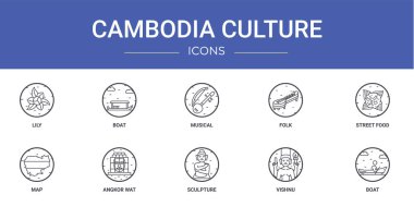 Lily, tekne, müzikal, folk, sokak yemekleri, harita, Angkor wat vektör simgeleri gibi 10 ana hatlı web kültür ikonları rapor için, sunum, diyagram, web tasarımı, mobil uygulama