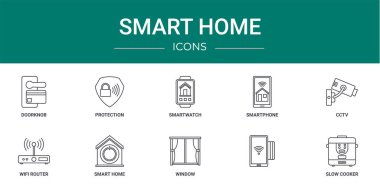 Kapı tokmağı, koruma, akıllı sepet, akıllı telefon, ccctv, wifi router, sunum, diyagram, web tasarımı, mobil uygulama gibi 10 ana hatlı web akıllı ev simgesi seti