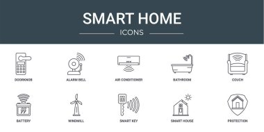 Rapor için 10 ana hatlı web akıllı ev simgesi seti: kapı tokmağı, alarm zili, klima, banyo, kanepe, pil, yel değirmeni vektör simgeleri, sunum, diyagram, web tasarımı, mobil uygulama