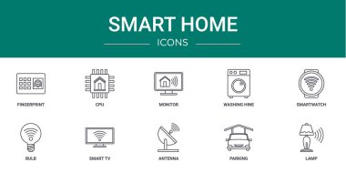 Rapor, sunum, diyagram, web tasarımı, mobil uygulama gibi 10 ana hatlı akıllı ev simgesi seti, parmak izi, Cpu, monitör, çamaşır yıkama jeni, akıllı twatch, ampul, akıllı TV vektör simgeleri