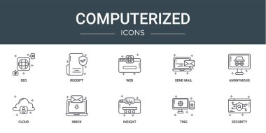 Rapor, sunum, diyagram, web tasarımı, mobil uygulama gibi 10 ana hatlı bilgisayarlı simge seti (seo, makbuz, web, web, e-posta, anonim, bulut, gelen kutusu vektör simgeleri)