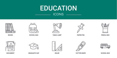 Kitap, okul çantası, masa lambası, kağıt pin, kalem kutusu, belge, raporlama, sunum, diyagram, mobil uygulama gibi 10 ana hatlı web eğitim simgesi seti