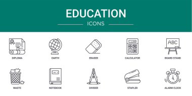 Rapor, sunum, diyagram, web tasarımı, mobil uygulama gibi 10 ana hatlı web eğitim simgesi seti: diploma, dünya, silgi, hesap makinesi, tahta standı, atık, defter vektör simgesi