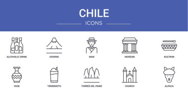 Rapor, sunum, diyagram, web tasarımı, mobil uygulama gibi 10 ana hatlı web şili ikonu seti: Alkolik içecek, osorno, insan, müze, kultrun, vazo, terremoto vektör simgeleri