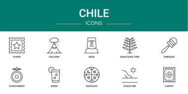 set of 10 outline web chile icons such as stamp, volcano, moai, araucaria tree, emboque, chinchinero, drink vector icons for report, presentation, diagram, web design, mobile app clipart