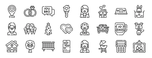 Set Outline Web Family Icons Heart Wedding Rings Brother House — Stock Vector