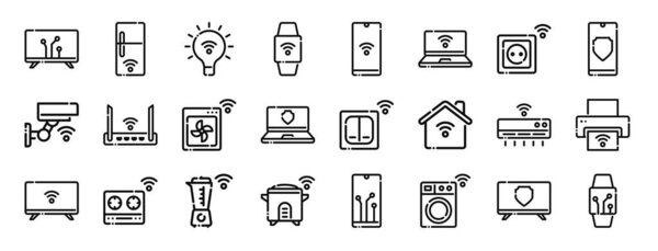 set of 24 outline web smart home icons such as television, refrigerator, light bulb, smartwatch, smartphone, laptop, socket vector icons for report, presentation, diagram, web design, mobile app