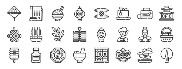 Conjunto Iconos China Web Esquema Como Sombrero Caligrafía Arroz Linterna — Vector de stock