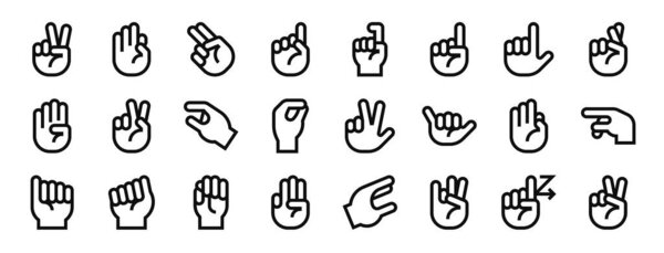set of 24 outline web deaf alphabet icons such as , f, h, d, x, l vector icons for report, presentation, diagram, web design, mobile