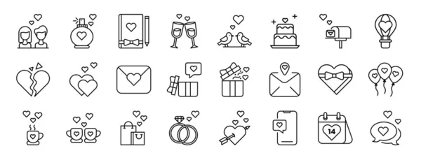 Set Outline Web Valentine Day Icons People Together Heart Beats — Stock Vector
