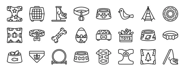 Set Outline Web Pet Accessories Icons Harness Crate Toy Collar — Stock Vector