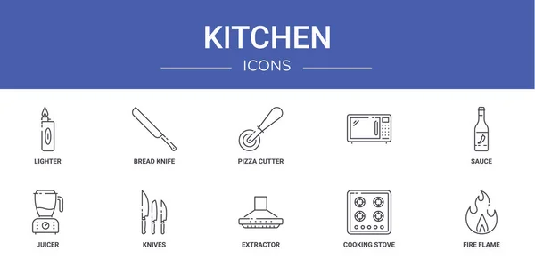 Set Icone Della Cucina Web Contorno Come Accendino Coltello Pane — Vettoriale Stock