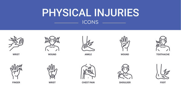 set of 10 outline web physical injuries icons such as wrist, wound, ankle, wound, toothache, finger, wrist vector icons for report, presentation, diagram, web design, mobile app