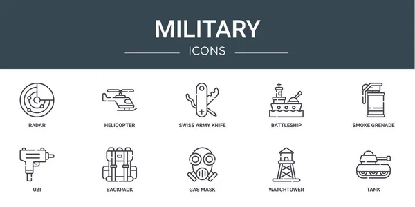 Set Von Umrissenen Militärischen Web Symbolen Wie Radar Hubschrauber Schweizer — Stockvektor