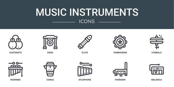Conjunto Iconos Instrumentos Música Web Esquema Tales Como Castañuelas Gong — Vector de stock