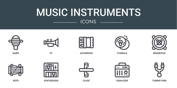Set Outline Web Music Instruments Icons Guiro Accordion Cymbals Drumstick — Stock Vector