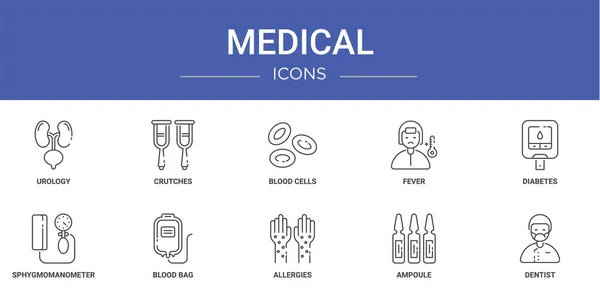 Set Outline Web Medical Icons Urology Crutches Blood Cells Fever — Stock Vector
