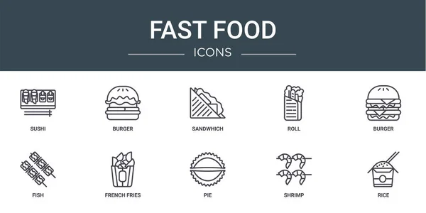 Set Icone Contorno Web Fast Food Come Sushi Hamburger Sandwhich — Vettoriale Stock
